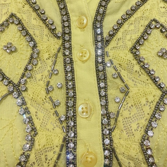 Anthropologie Pilcro Nayeli beaded rhinestone lace linen chartreuse shirt 1x - Picture 7 of 15